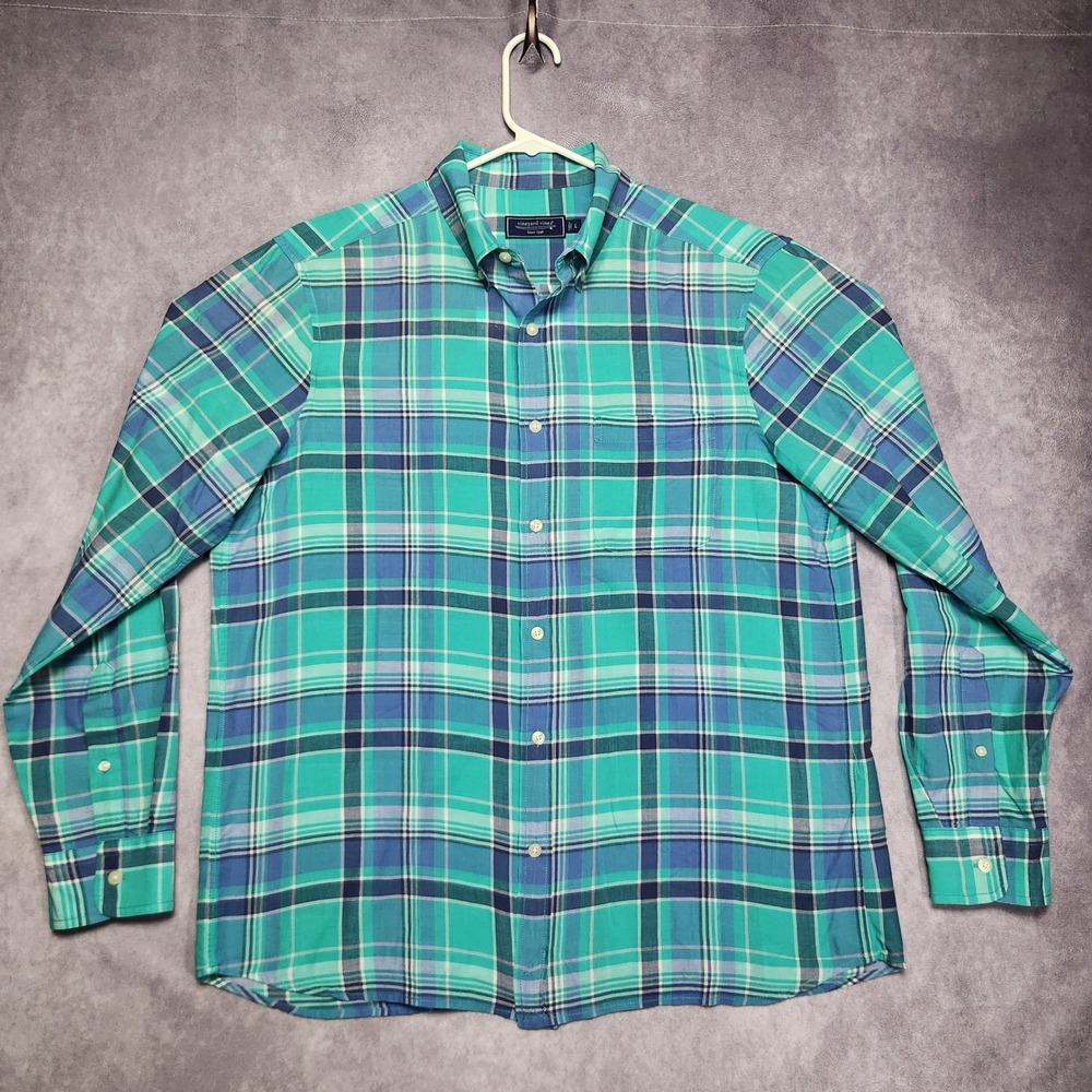 Vineyard Vines Mens Large Long Sleeve Plaid Button Down Shirt Teal Blue Green